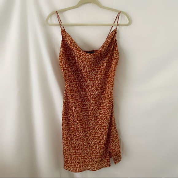 Polly and Esther satin slip floral cami mini dress size large summer cowl rust - Picture 2 of 5